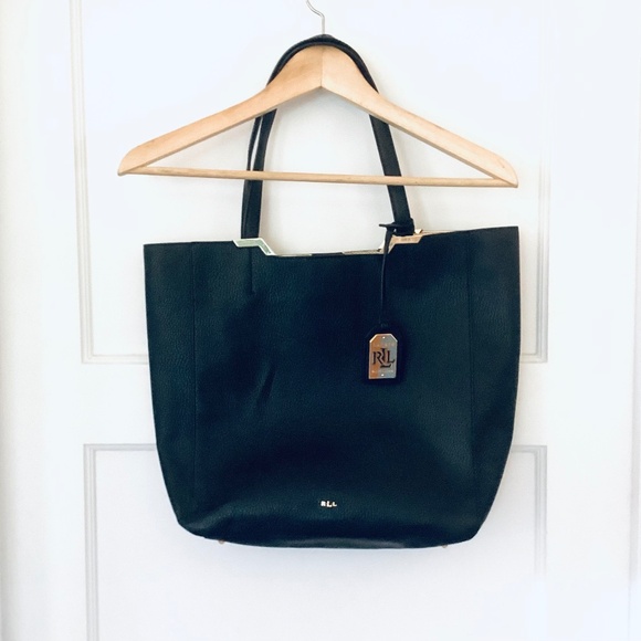 Lauren Ralph Lauren Acadia black vegan large tote shoulder bag Gold trim